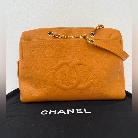 Authentic Chanel Orange Timeless Caviar Dome Zip Tote Shoulder Bag - Picture 4 of 16
